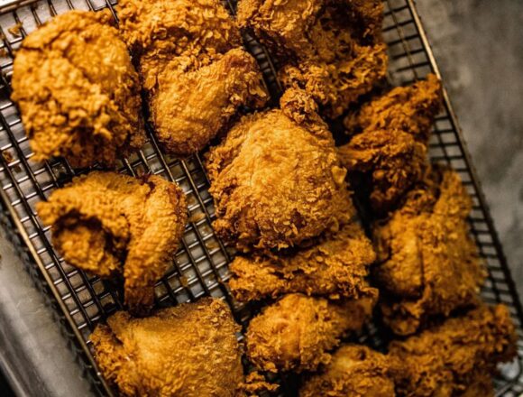 golden fried chicken on a grill